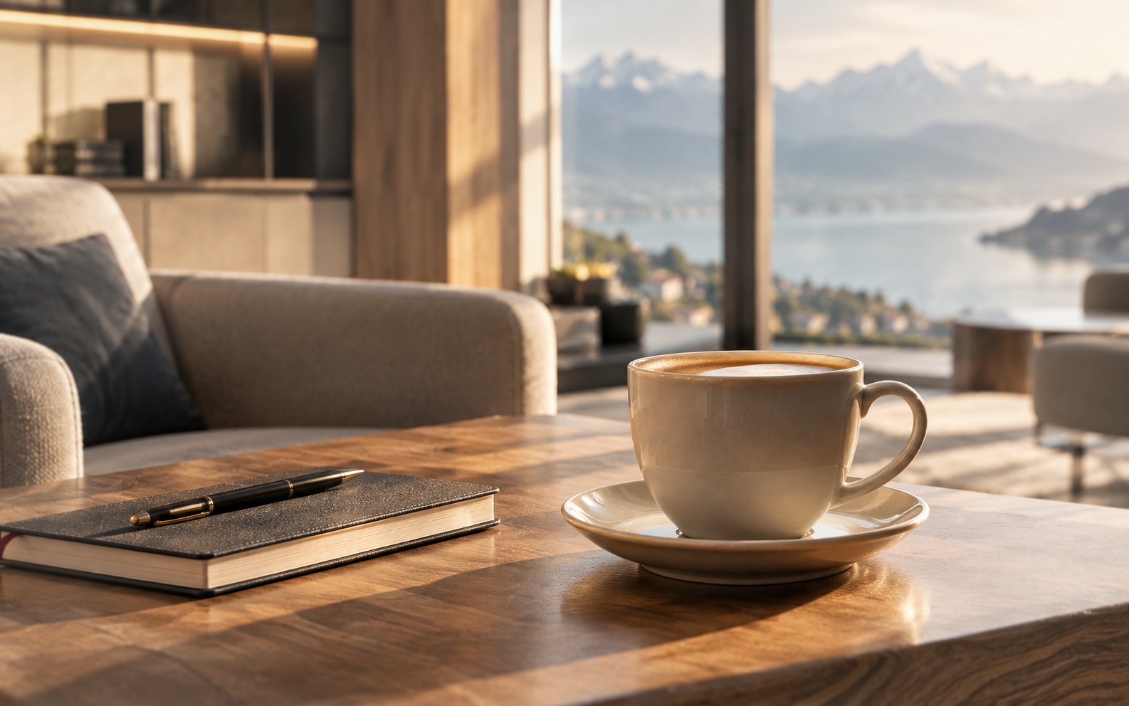 Tazza di caffè e taccuino su un tavolo con vista sul lago