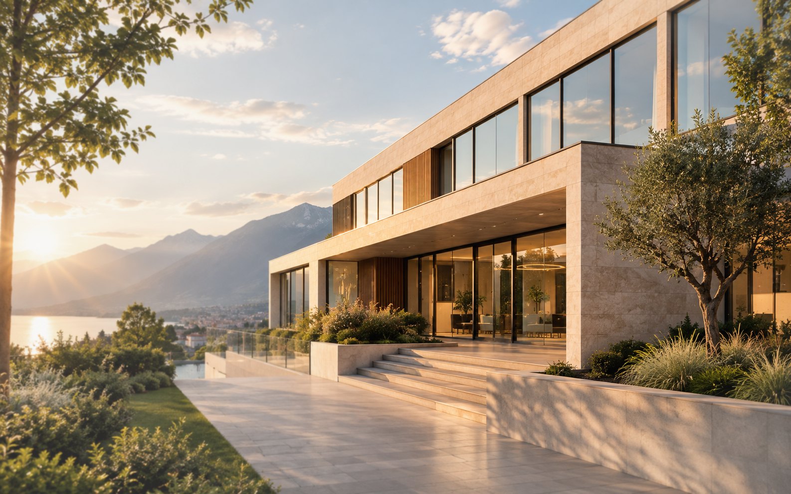 Architettura moderna affacciata sul lago al tramonto